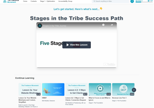 LMS dashboard designed for The Freelance Movement, linking to the member onboarding video